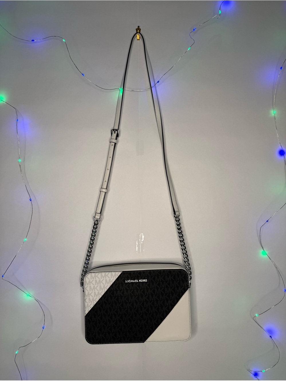 Michael Kors Black and White Diagonal Logo Crossbody Bag
